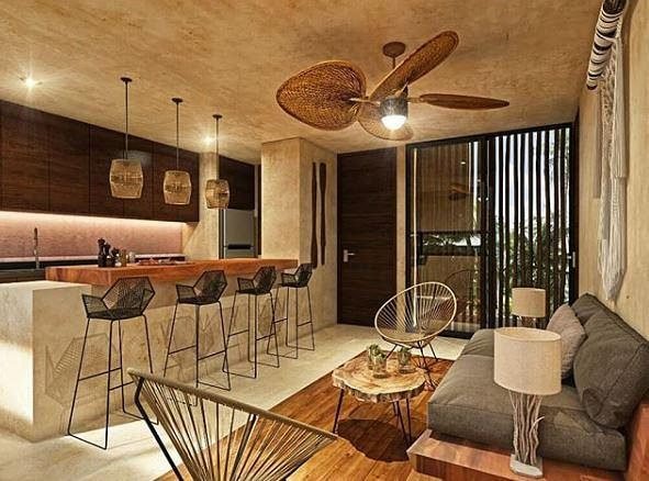 Interior de comedor y bar con acabado